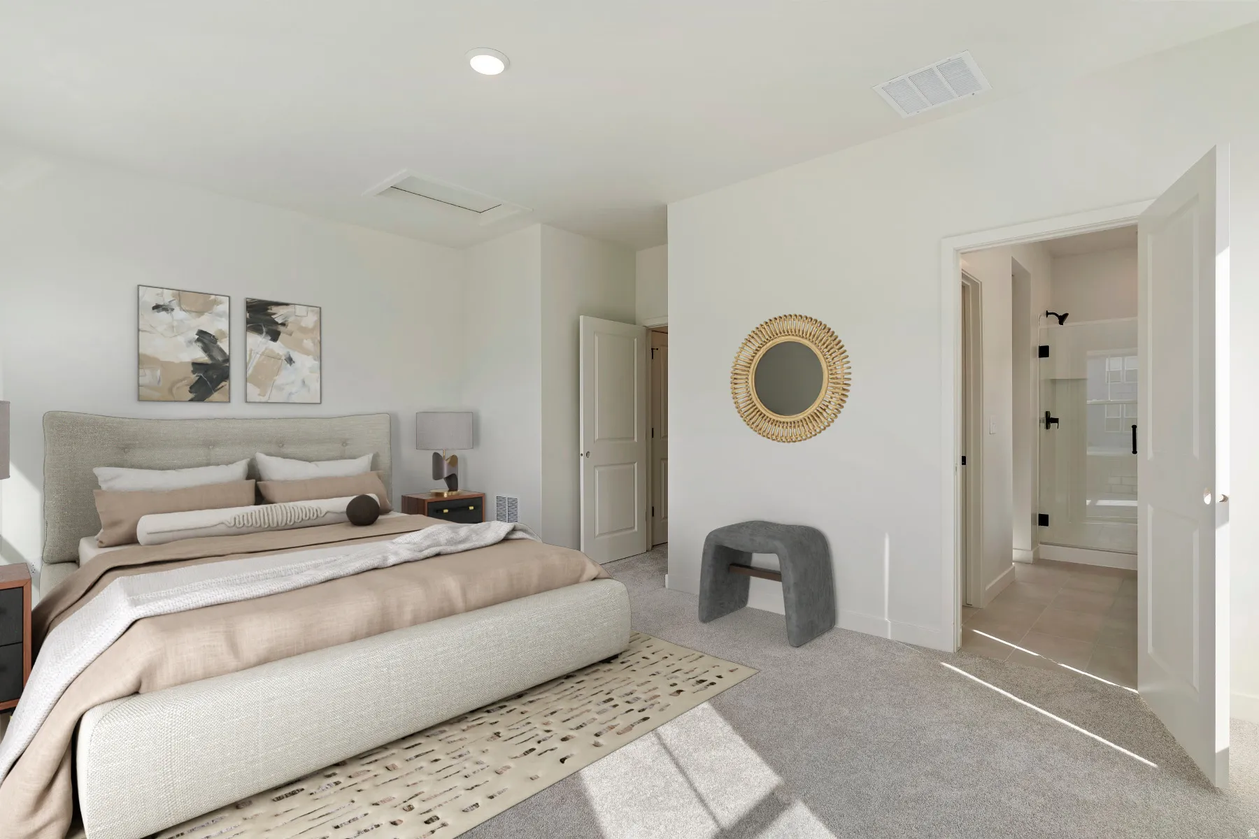 Carpeted sleeping area featuring white walls and a recessed ceiling light