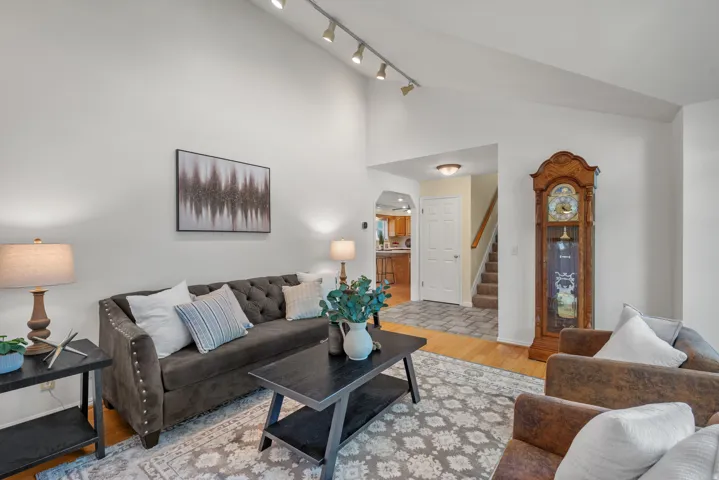 Vaulted ceiling living area featuring track lighting, wood-finish flooring