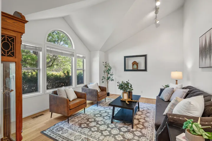 Vaulted ceiling living area featuring light wood-finish flooring, a wall of windows including an arched transom