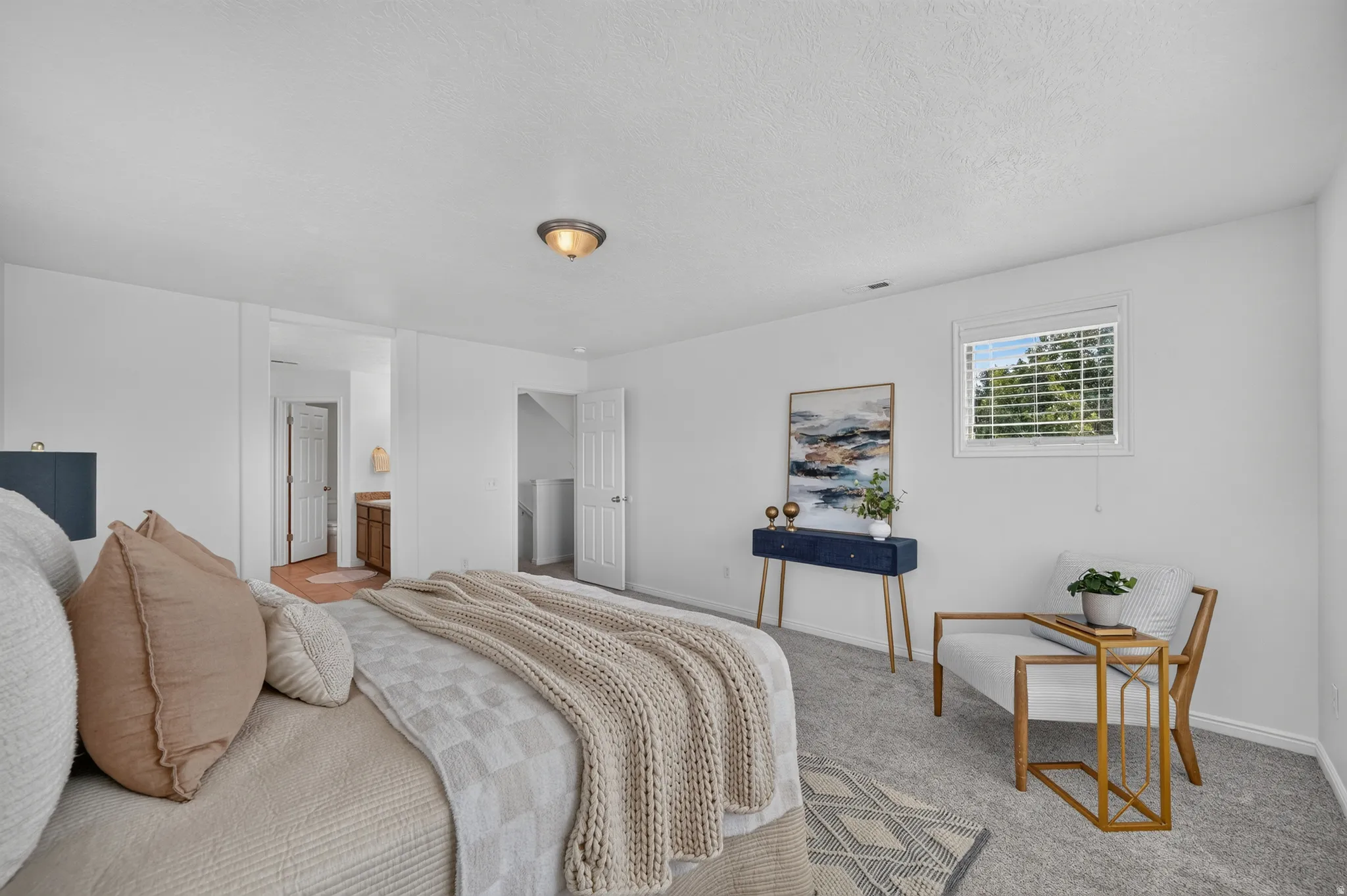Spacious bedroom with light gray carpet and white walls