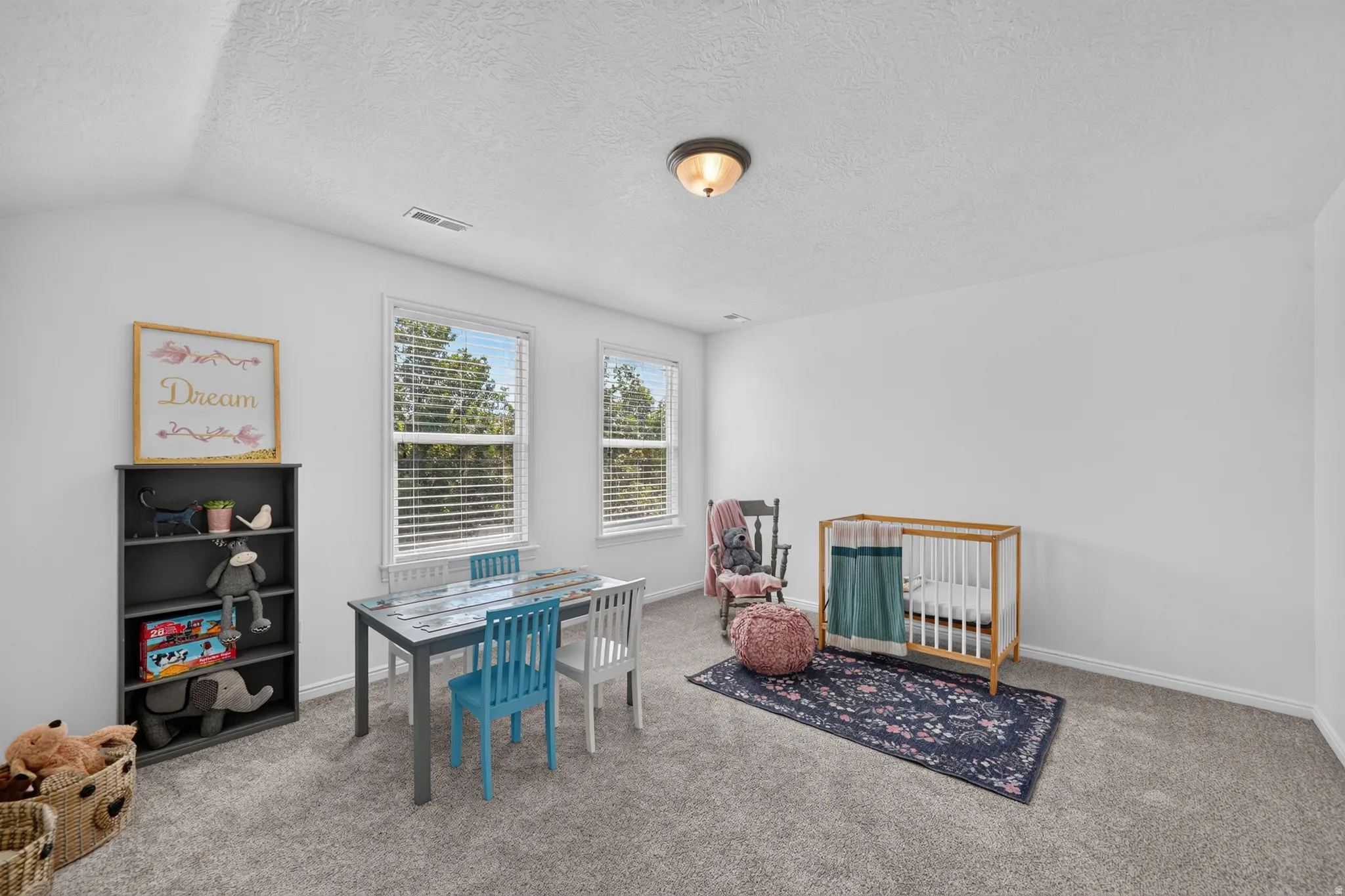 Bright room featuring two windows with blinds, light gray carpet, white walls, and a semi-flush mount ceiling light