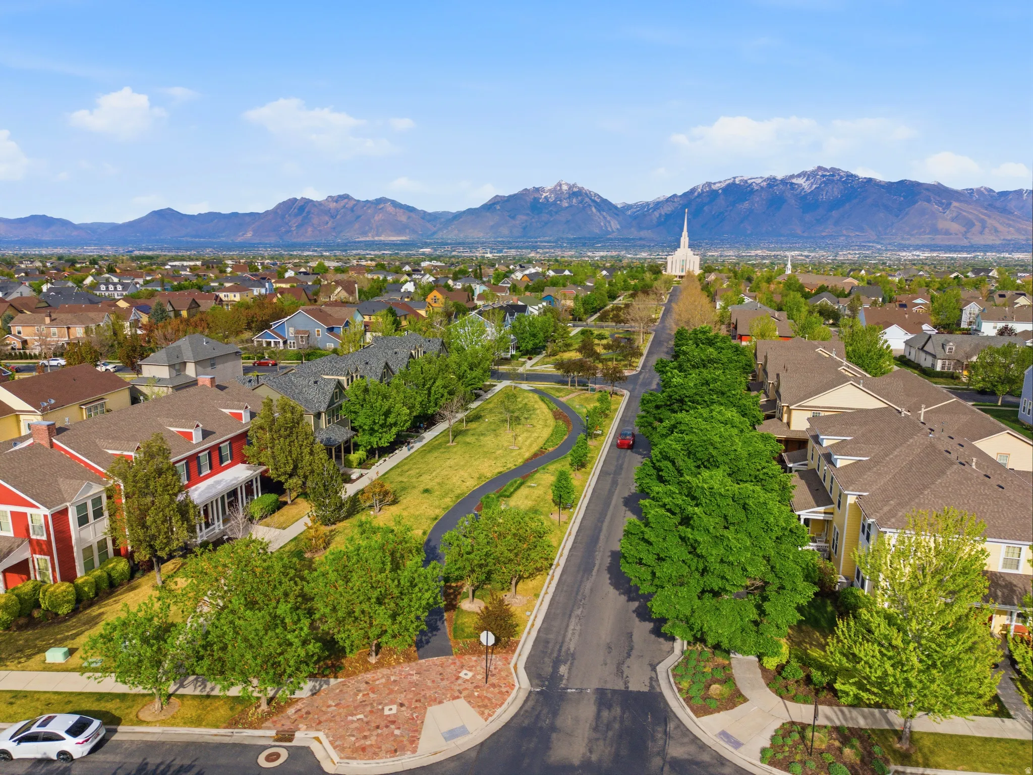 Residential neighborhood featuring varied architectural styles and abundant mature trees