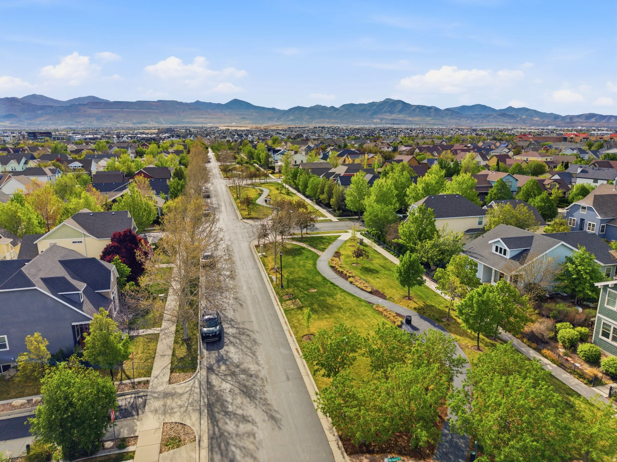 Expansive residential area featuring a paved street, extensive green spaces, and mature trees