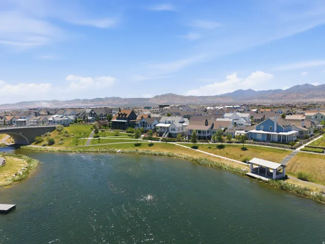 Expansive water feature with a dock and covered structure