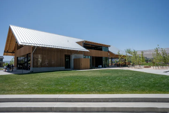 Modern architectural design featuring a prominent metal roof and wood-finish siding