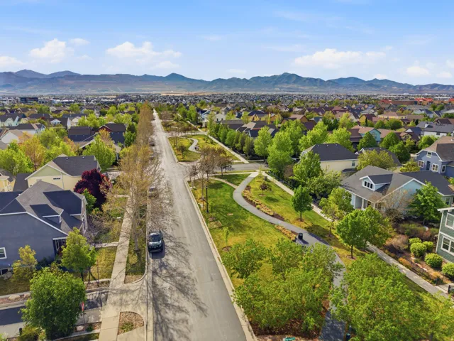 Expansive residential area featuring a paved street, extensive green spaces, and mature trees