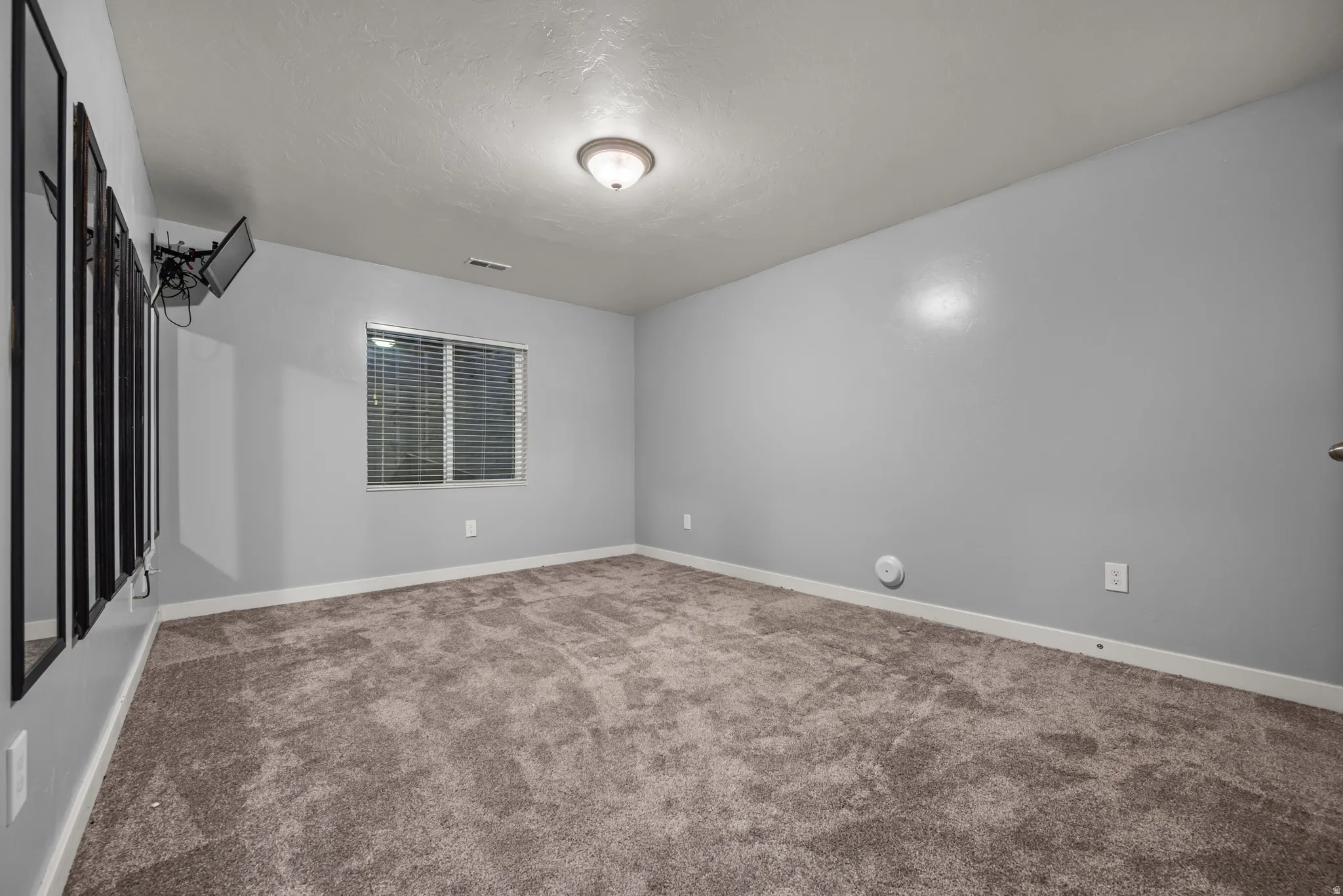 Carpeted room with light gray walls, a single window with horizontal blinds, and a flush-mount ceiling light fixture