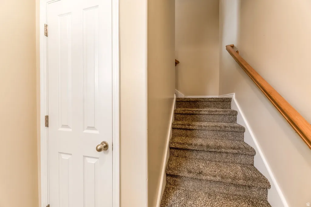 Carpeted staircase with wood handrail, white trim, and neutral wall tones