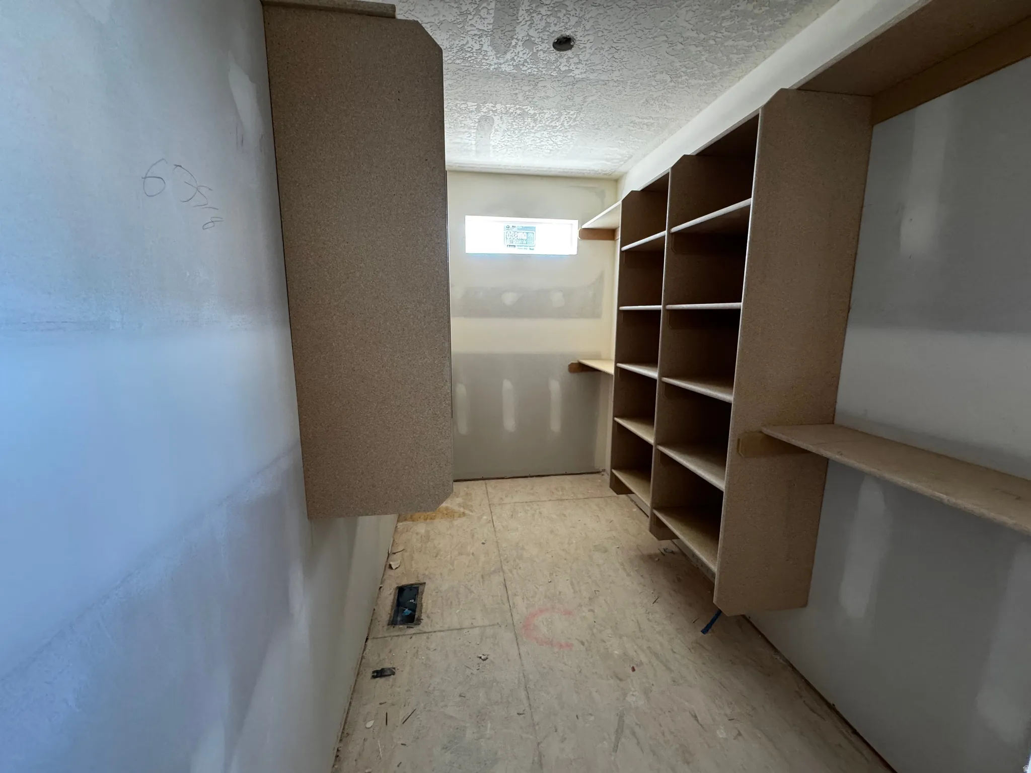 Walk-in closet featuring extensive built-in shelving, additional wall-mounted shelving, and a small transom window