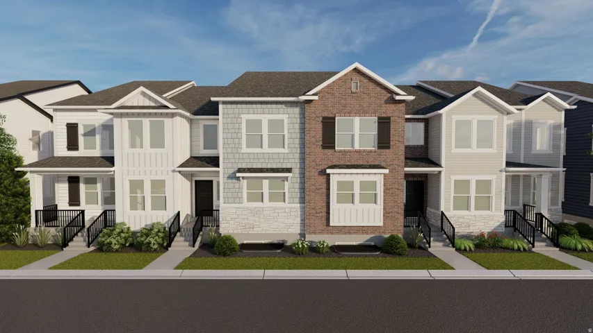 Contemporary townhome exterior featuring multi-textured siding, gabled rooflines, and prominent front entryways with black railings