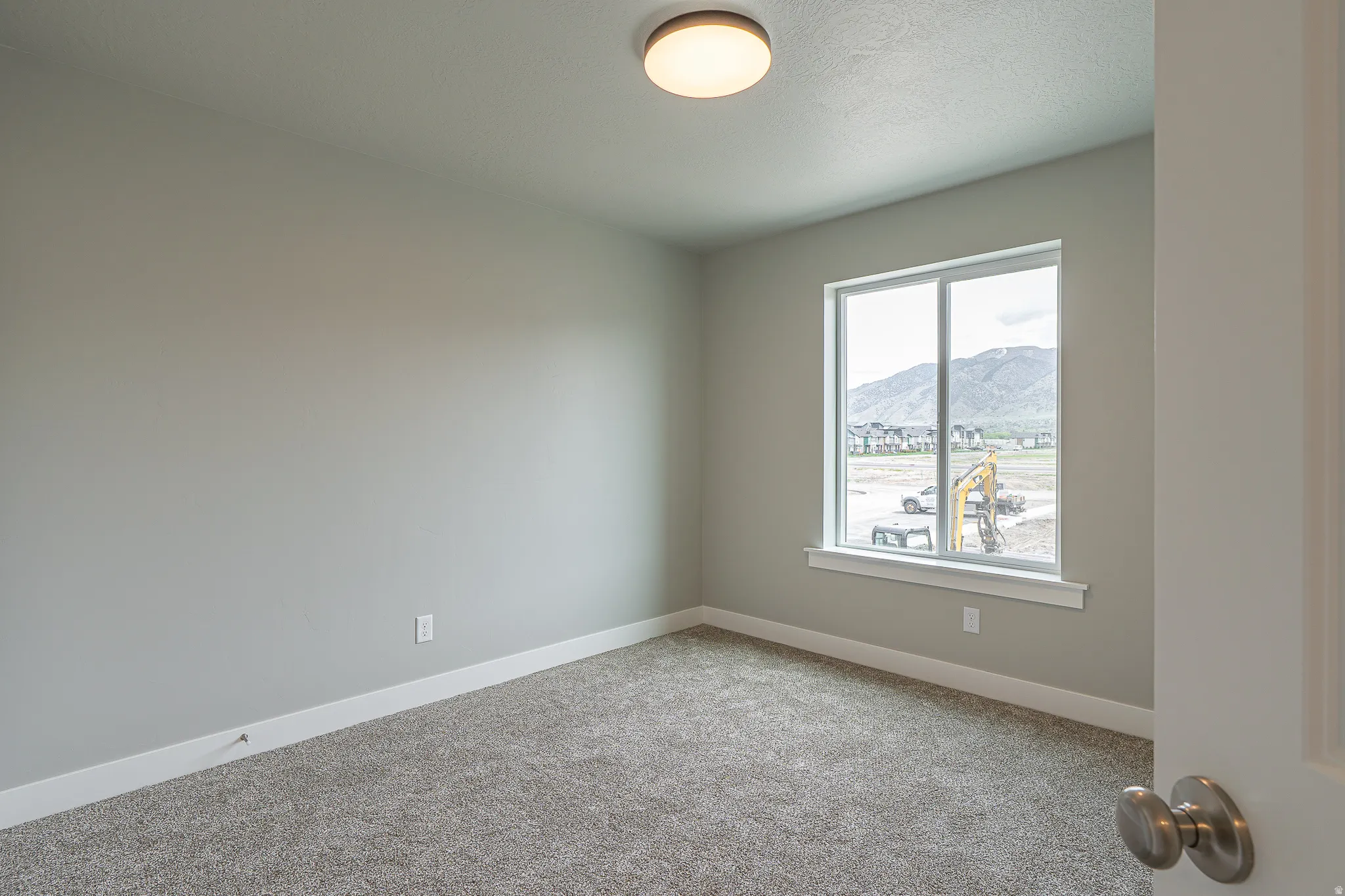 Neutral-toned interior room featuring light gray walls, plush carpet flooring, a large window, and white trim