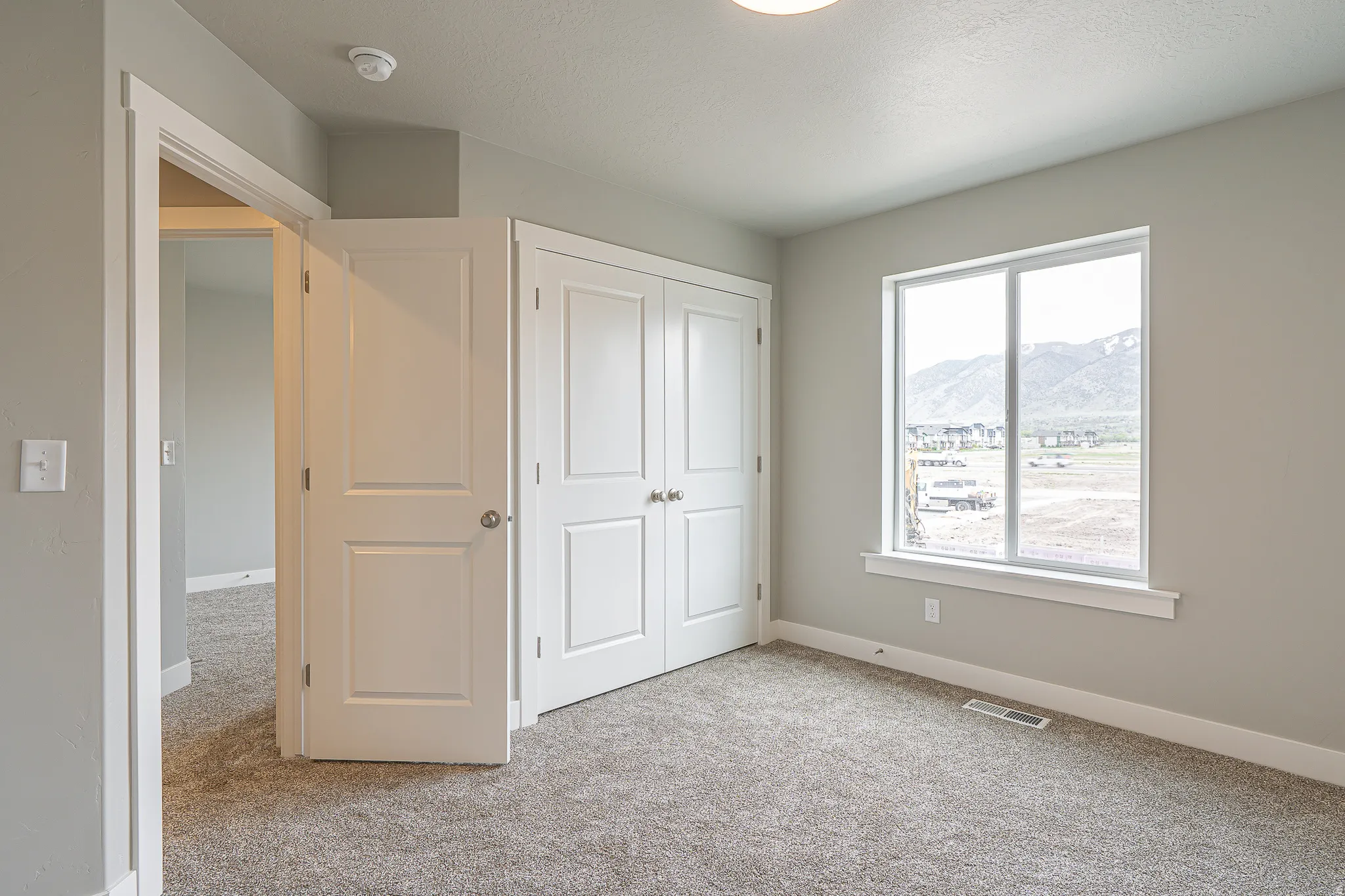 Bedroom featuring neutral-toned walls, gray carpet, a double-panel window, and a double-door closet