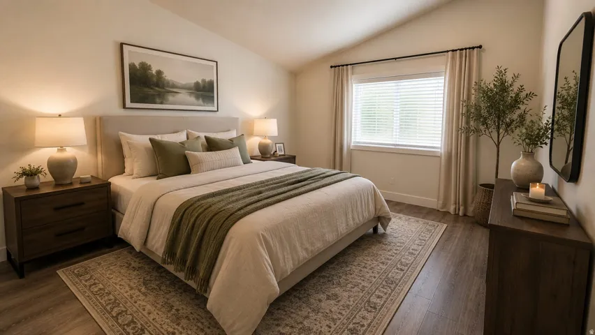 Virtually Staged Photo.  Vaulted ceiling bedroom featuring wood-finish flooring, a neutral color palette, and a window with blinds and drapes