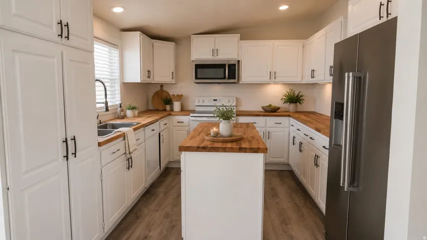 Virtually Staged Photo. Modern kitchen featuring white cabinetry, wood-finish countertops, stainless steel appliances, a center island, and wood-finish flooring