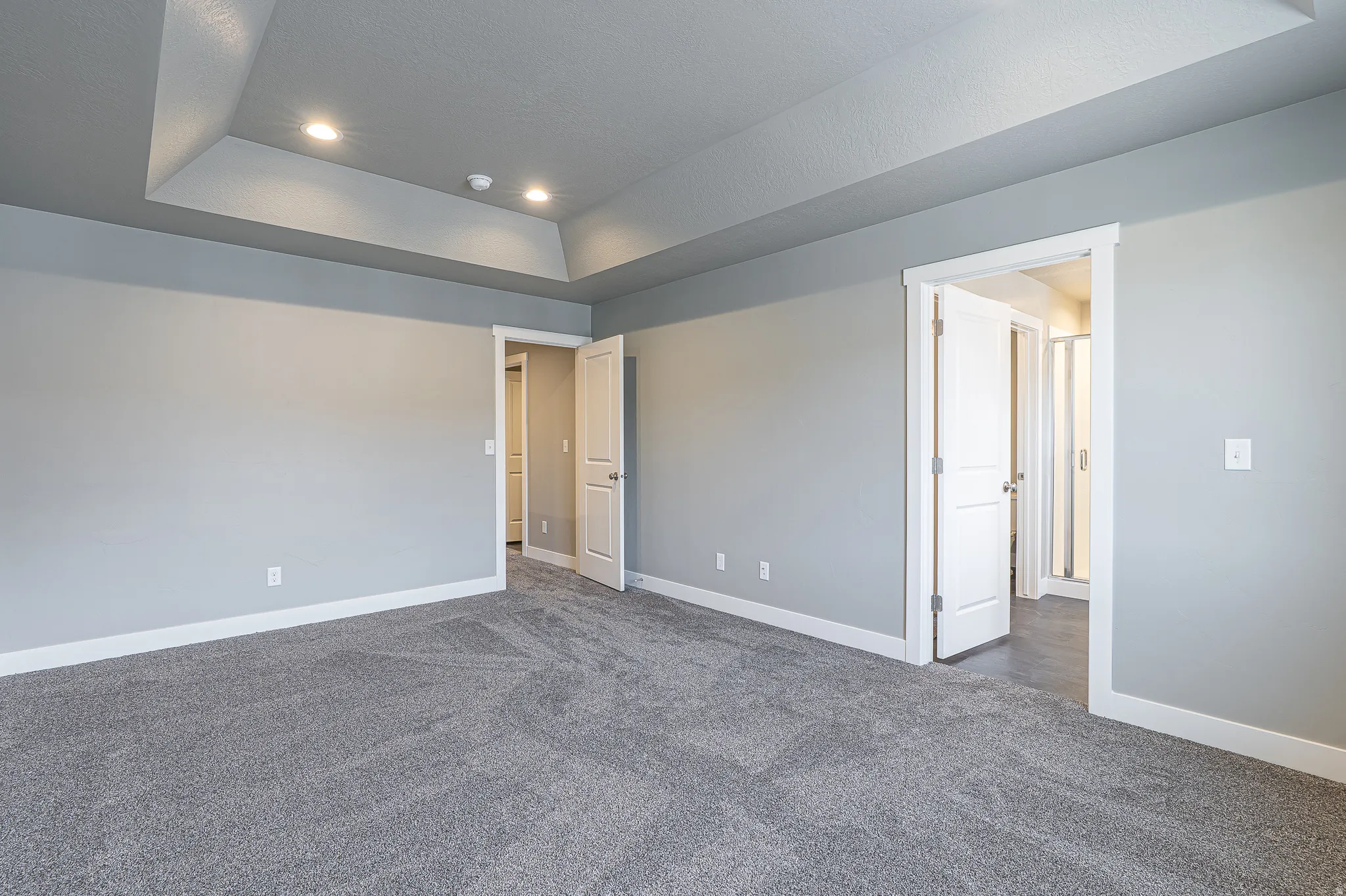 Spacious room featuring tray ceiling with recessed lighting, gray carpeting, light gray walls, white baseboards, and white interior doors
