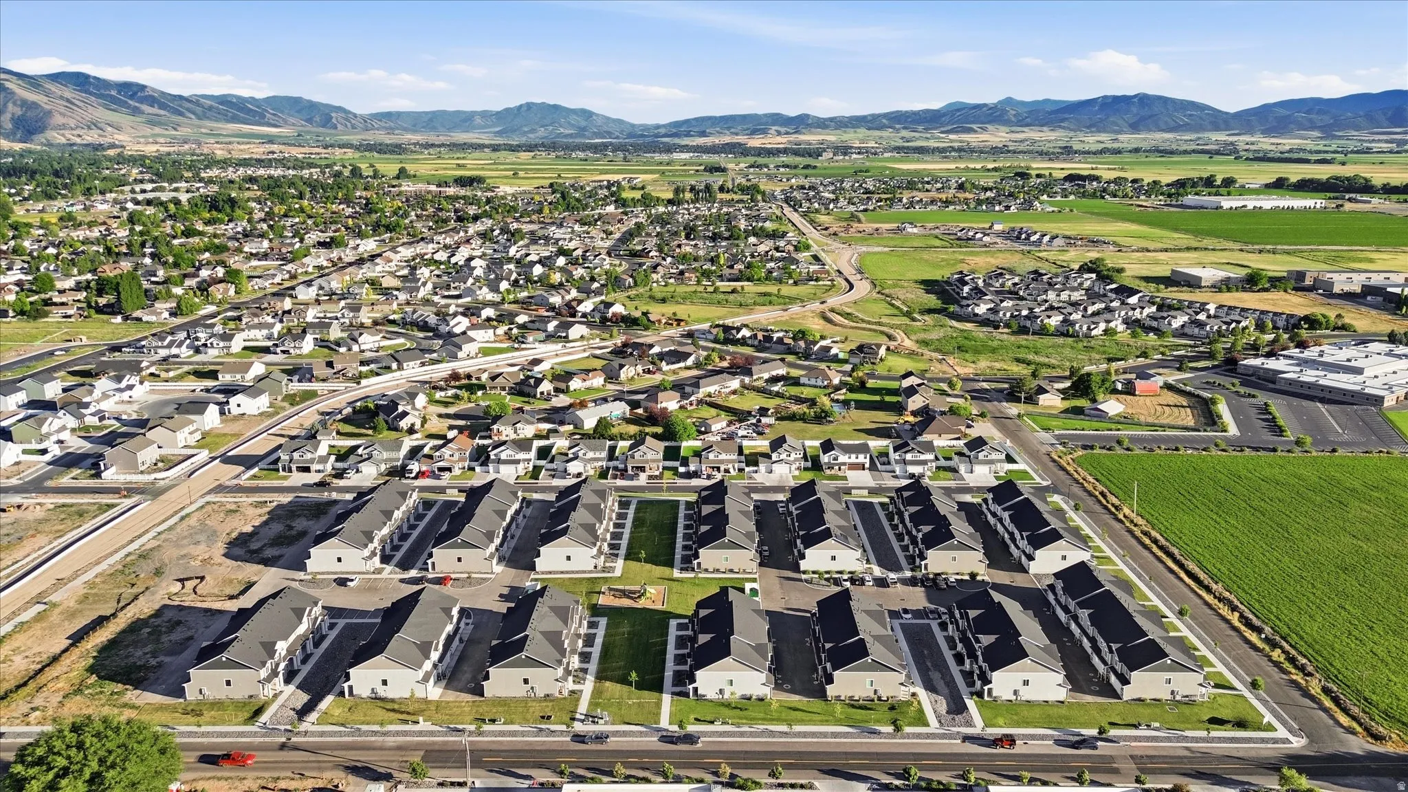 Aerial perspective showcasing a developing residential community