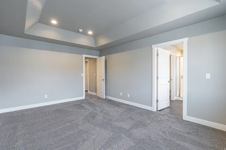 Spacious room featuring tray ceiling with recessed lighting, gray carpeting, light gray walls, white baseboards, and white interior doors