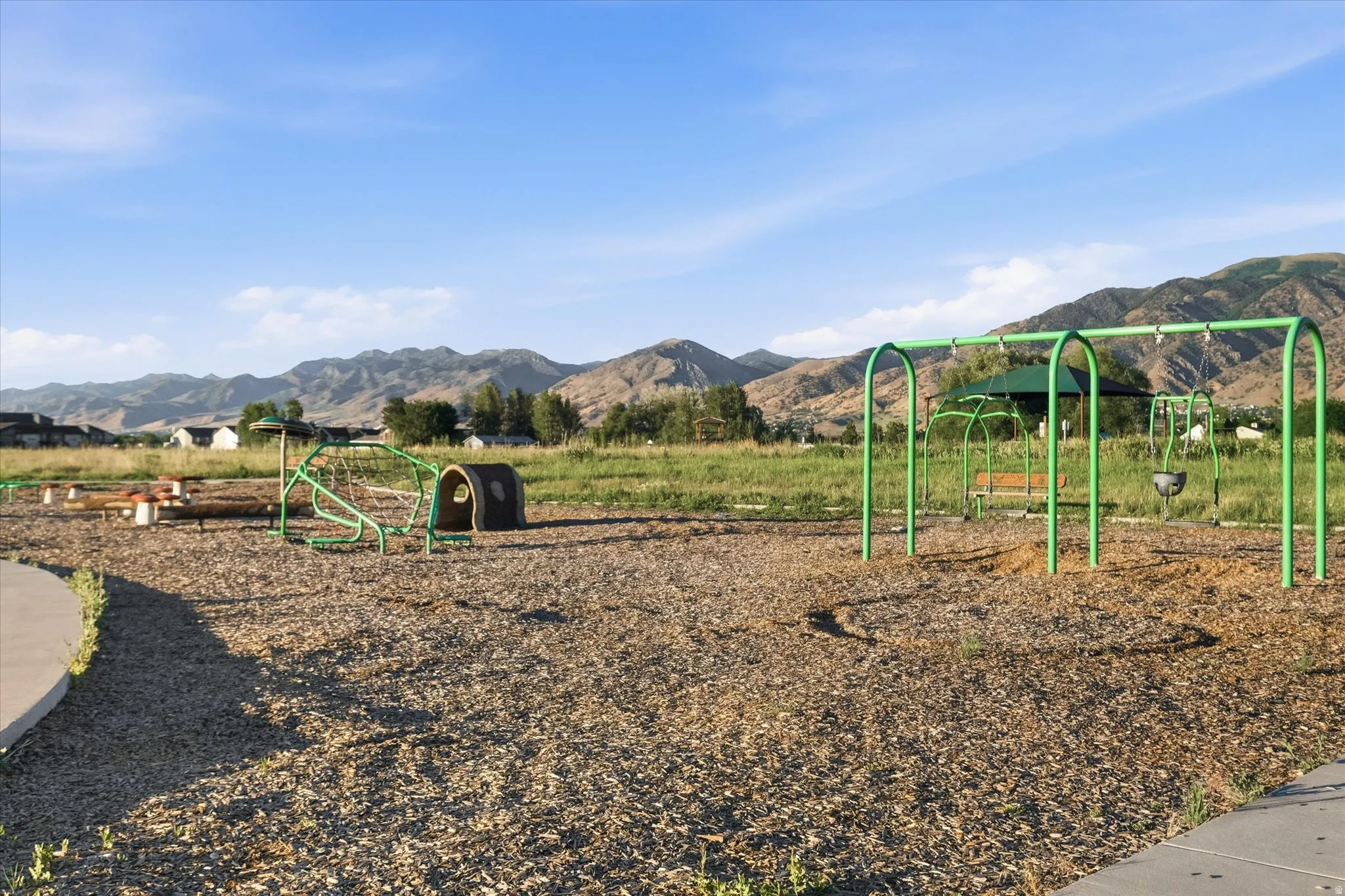 Community playground with wood chip ground covering, featuring a green swing set and climbing structure