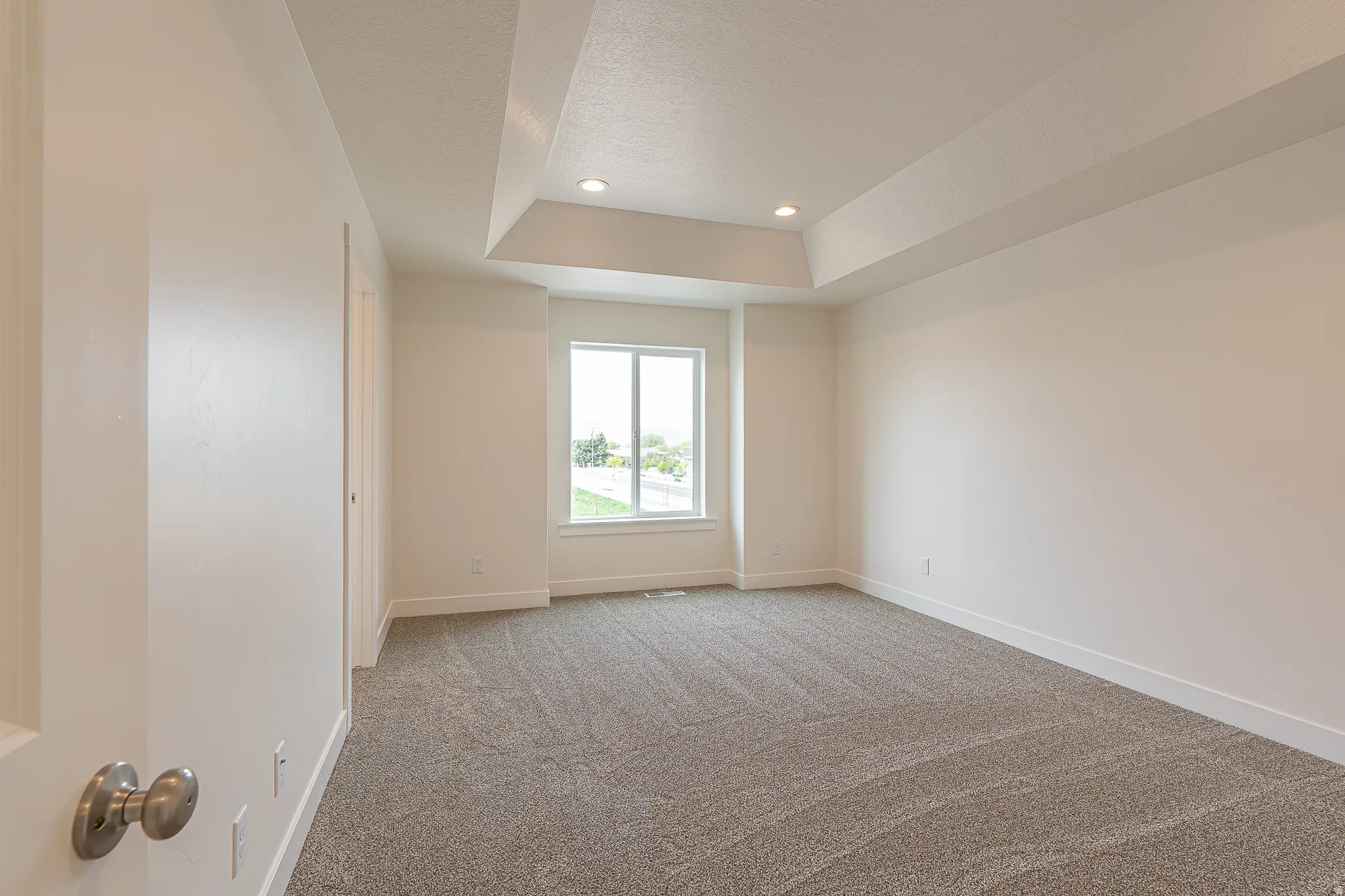 Spacious room featuring neutral carpeting, a tray ceiling with recessed lighting, and a multi-pane window