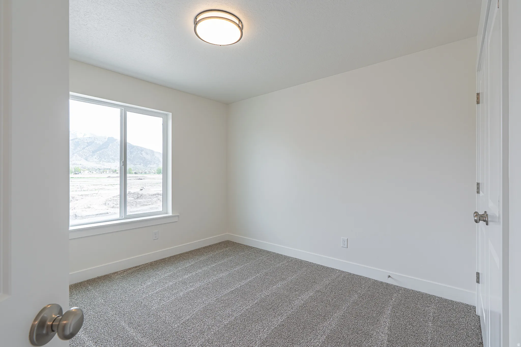 Bedroom featuring a window with mountain scenery, plush gray patterned carpeting, a flush-mount ceiling light fixture, and a white paneled door with brushed nickel hardware