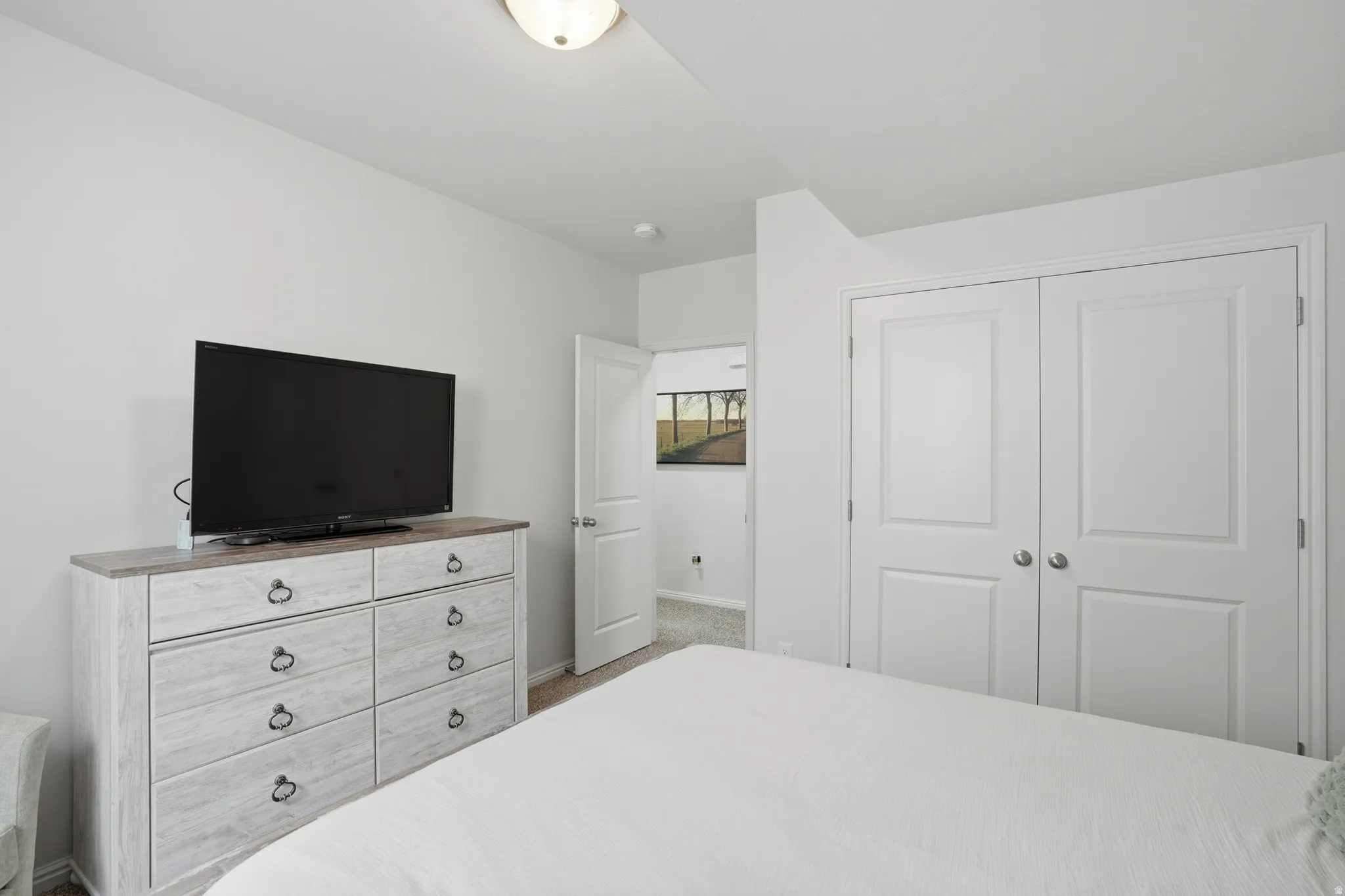 White paneled double closet doors with brushed nickel hardware and light gray walls
