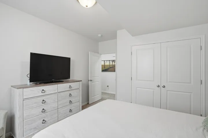 White paneled double closet doors with brushed nickel hardware and light gray walls