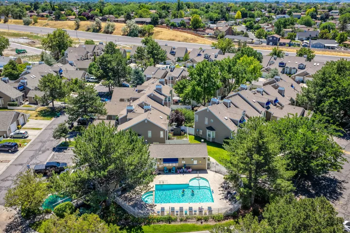 Community swimming pool and spa with surrounding lounge seating