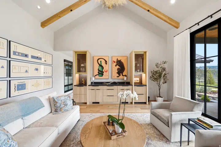 Vaulted ceiling with exposed wood beams