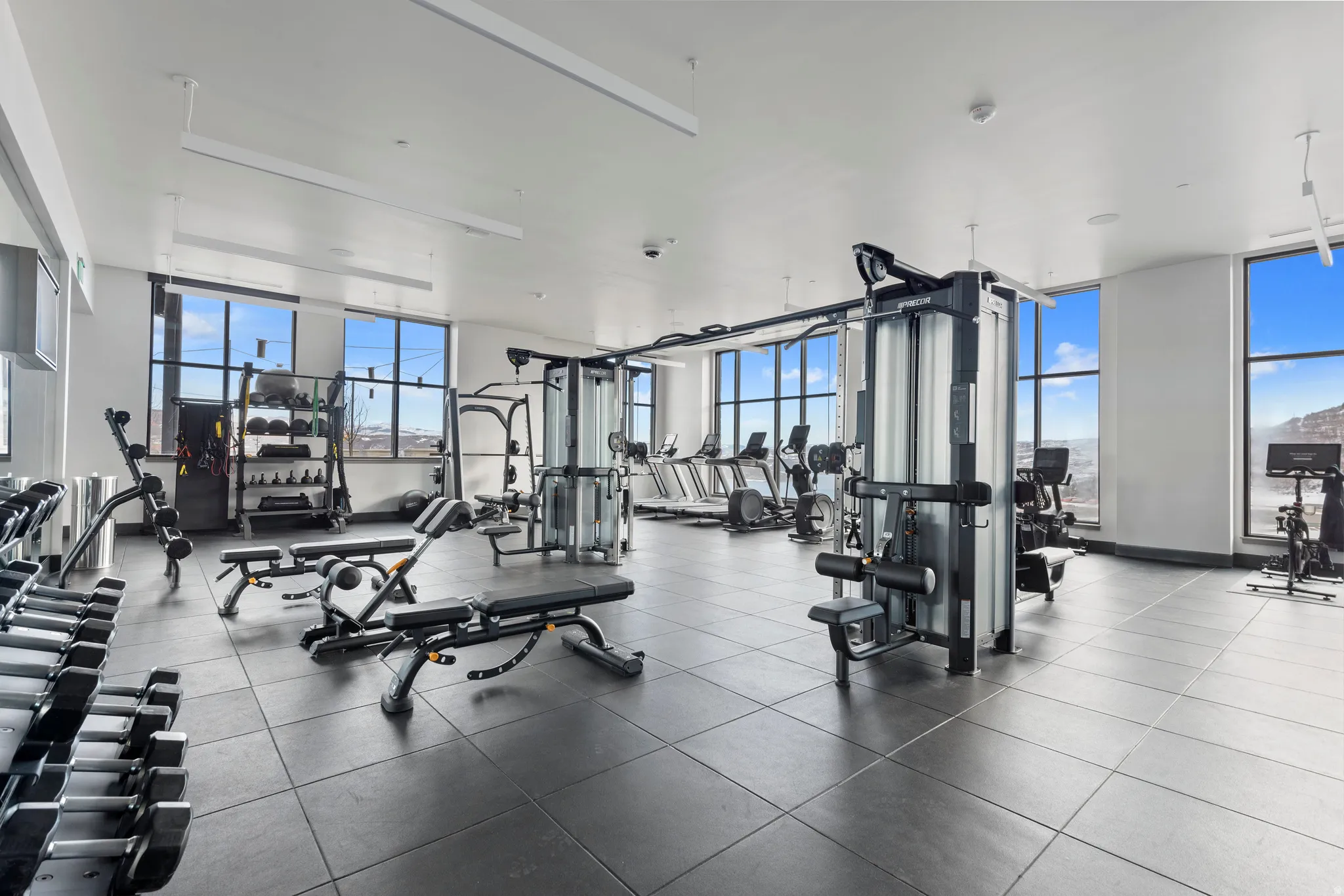 Spacious fitness center featuring expansive windows, rubberized flooring, and a selection of cardio and strength training equipment
