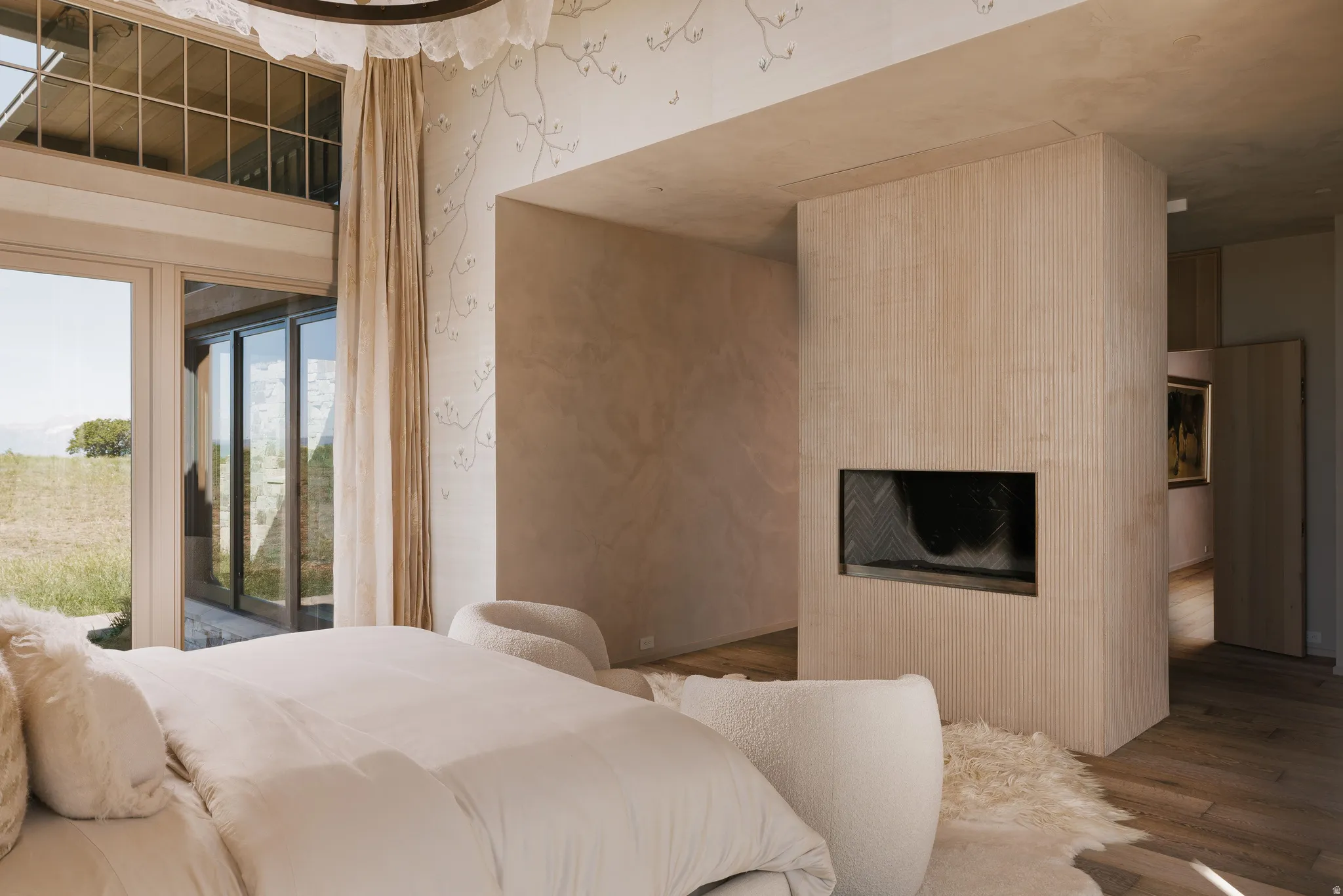 Recessed fireplace feature with wood-finish paneling