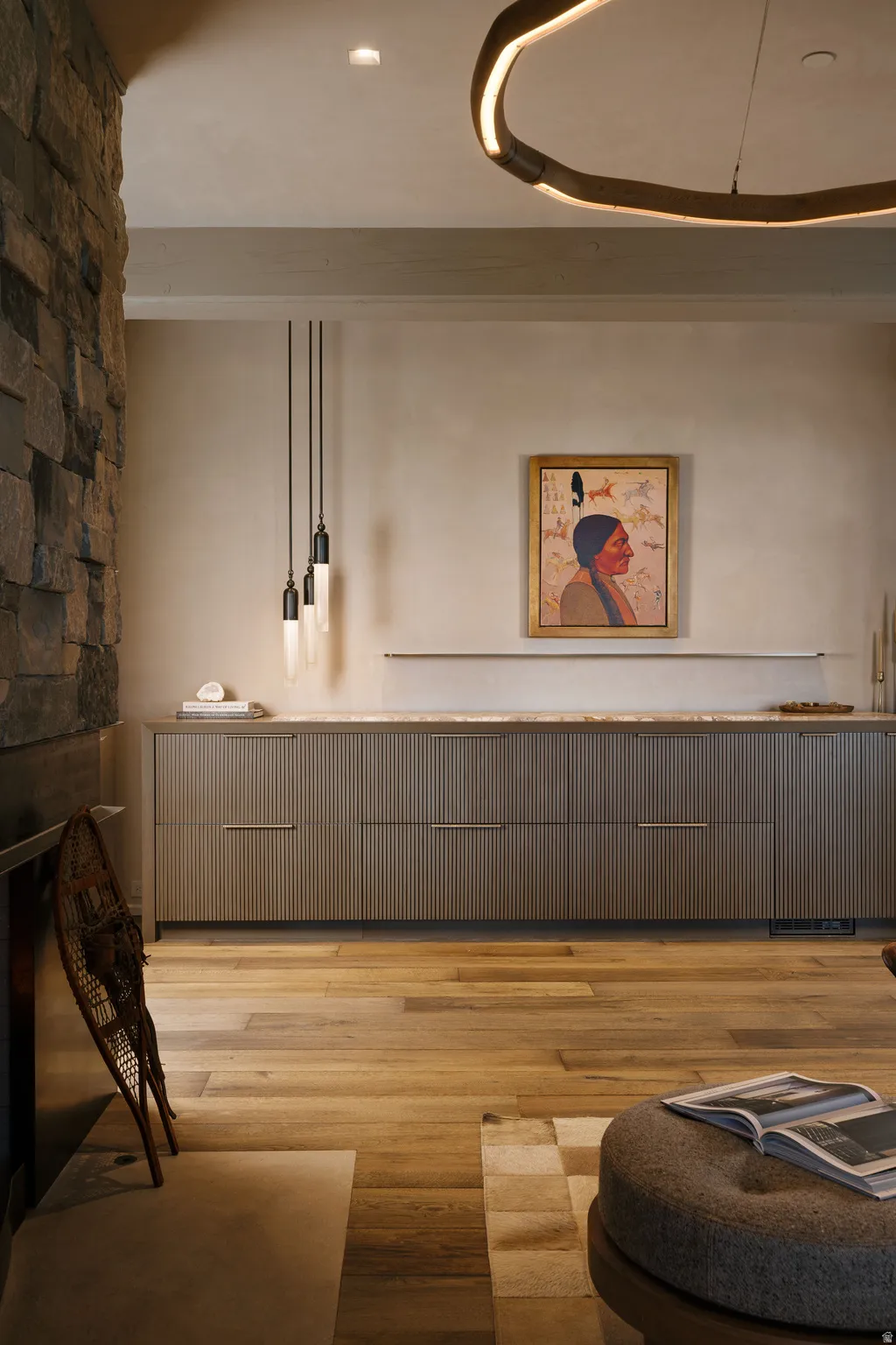 Integrated built-in cabinetry with sleek hardware and a substantial countertop
