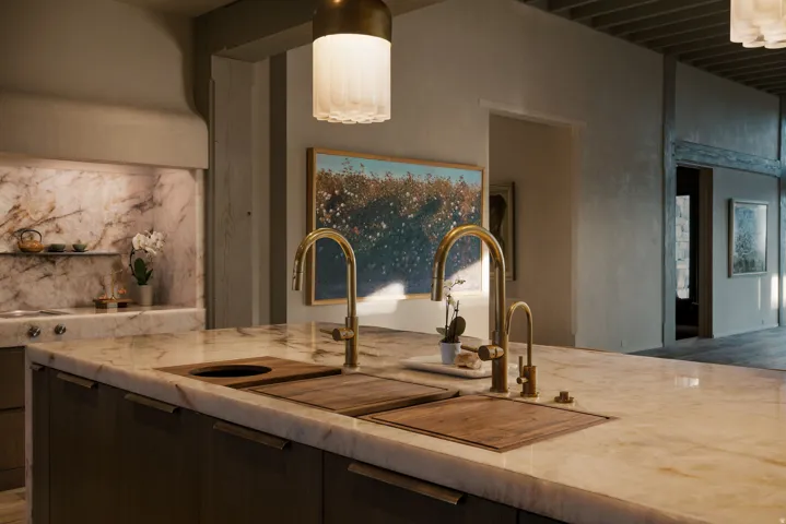 Kitchen island with a built-in cutting board and integrated sink, featuring a polished brass high-arc faucet and a matching smaller faucet