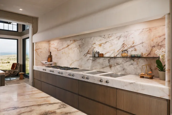 Kitchen featuring an integrated gas cooktop, multiple integrated sinks, stone slab backsplash, stone countertops, and wood-finish cabinetry