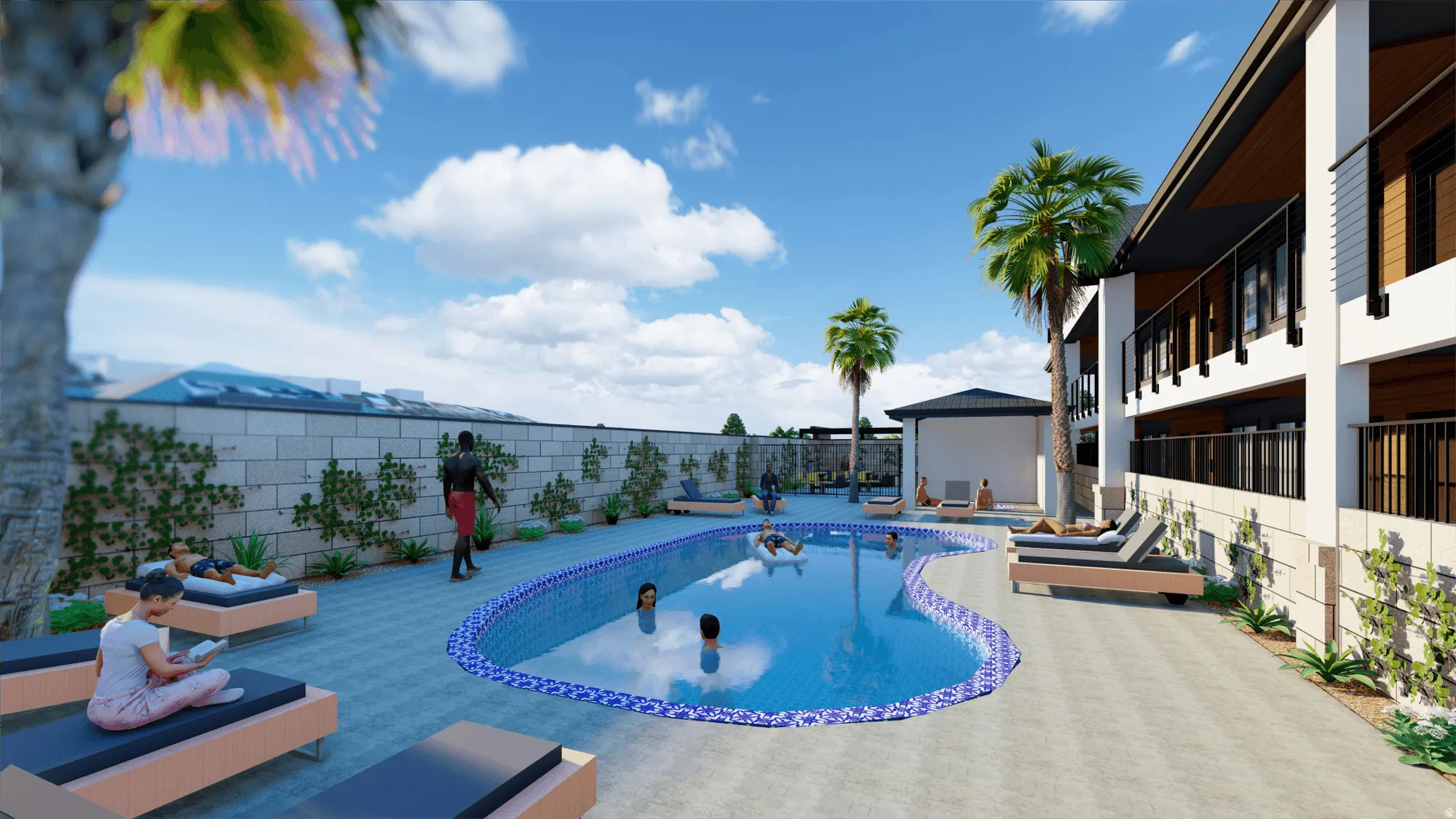 Curved swimming pool with blue mosaic tile, surrounded by a paved deck