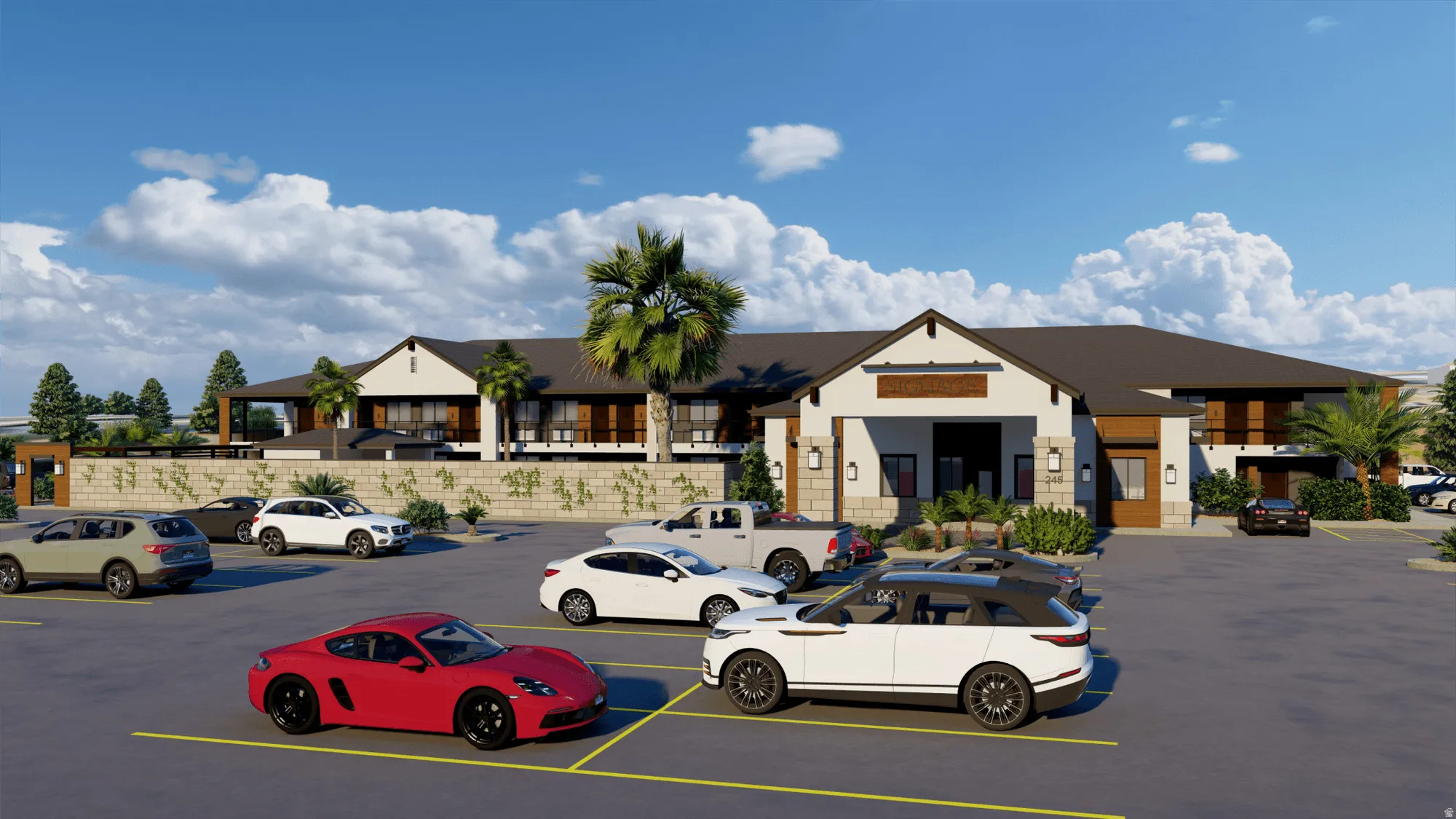 Modern commercial building featuring an expansive asphalt parking lot