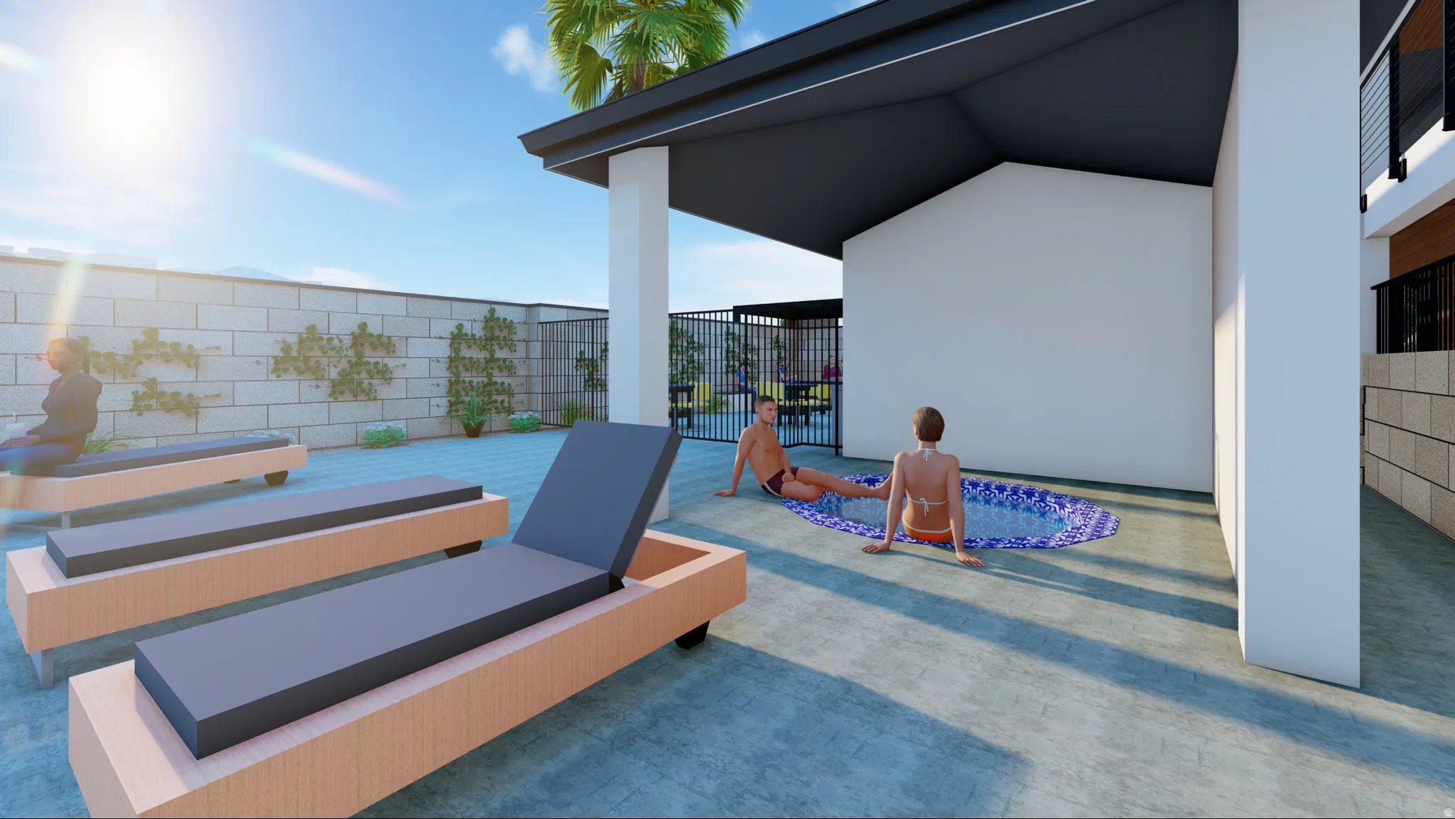 Private outdoor patio featuring a spa, shaded lounge area, and concrete block privacy wall