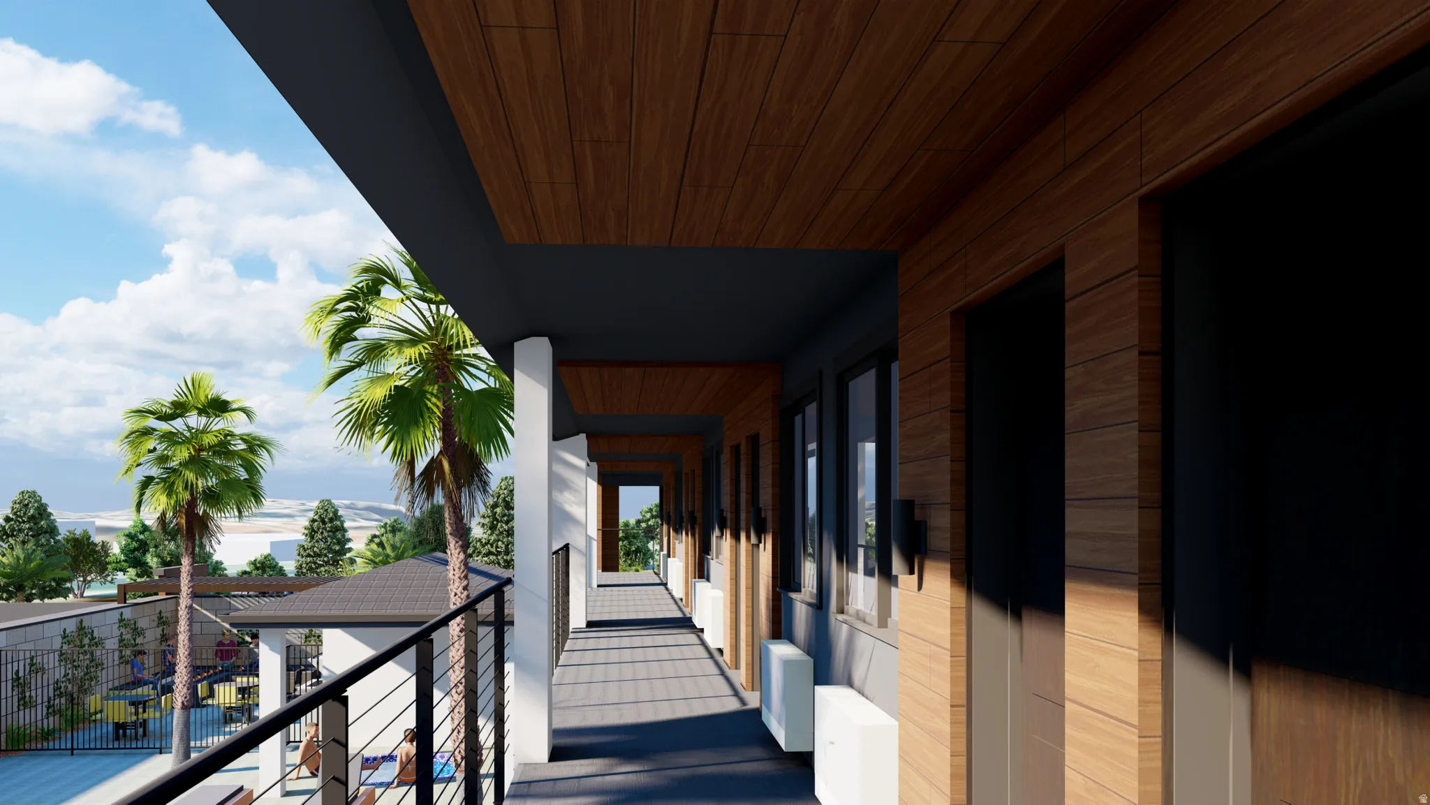 Corridor featuring wood-finish wall panels and ceiling details