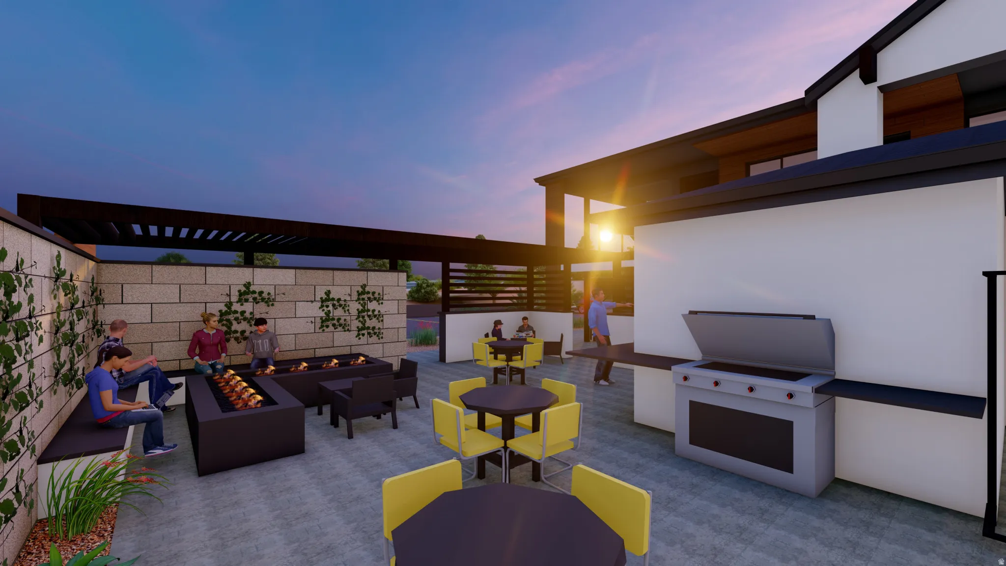 Outdoor patio with paver flooring, multiple fire pits, built-in bench seating, and an integrated outdoor grilling station