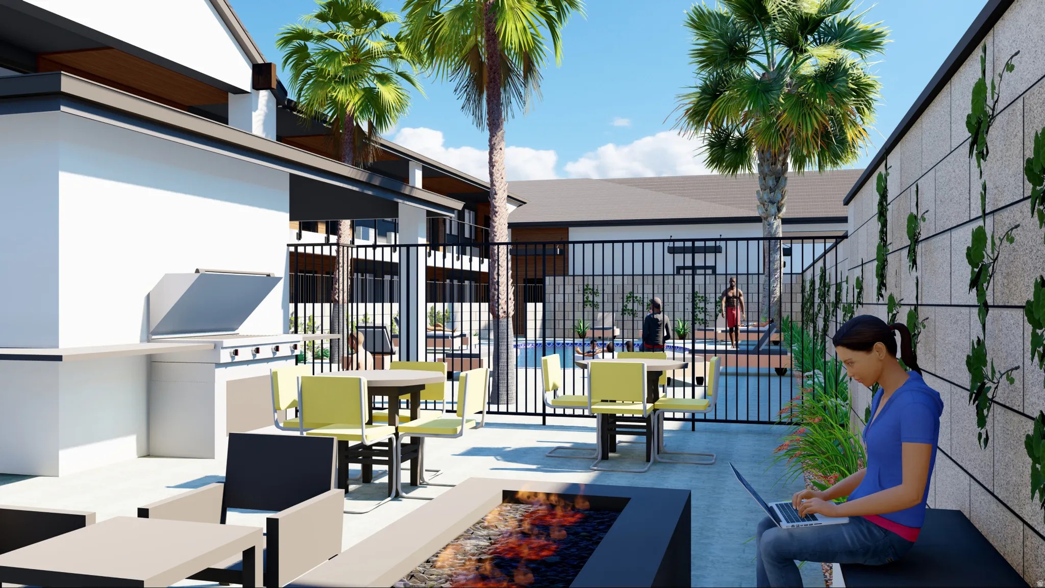 Outdoor patio featuring an integrated fire pit, built-in BBQ station with counter space, and dedicated dining area