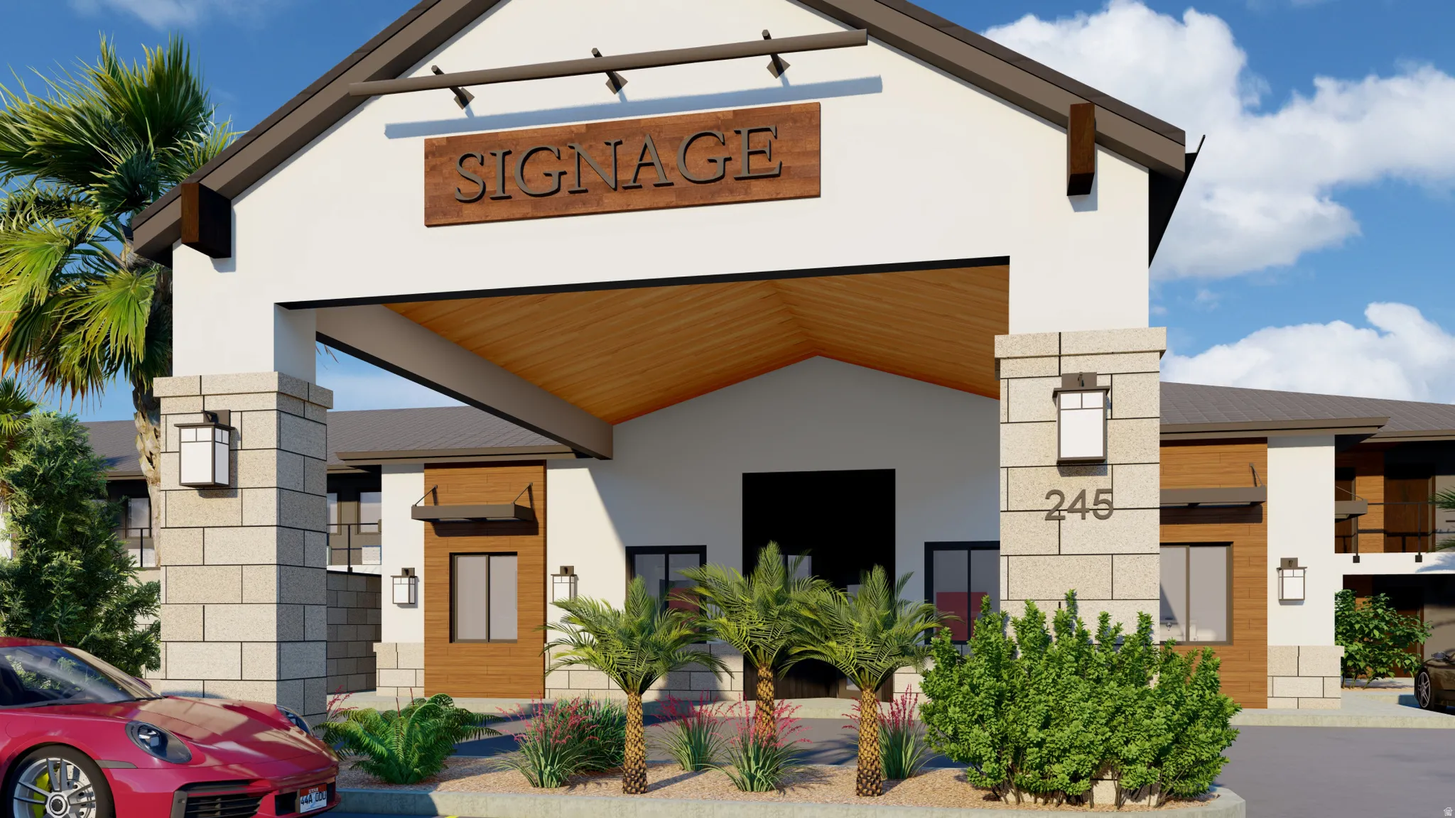 Entryway featuring a wood-finish ceiling, stone-clad pillars, and integrated exterior lighting