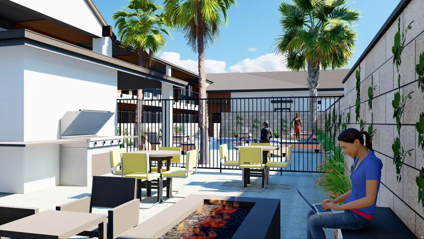 Outdoor patio featuring an integrated fire pit, built-in BBQ station with counter space, and dedicated dining area