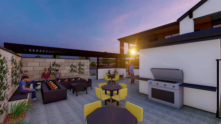 Outdoor patio with paver flooring, multiple fire pits, built-in bench seating, and an integrated outdoor grilling station