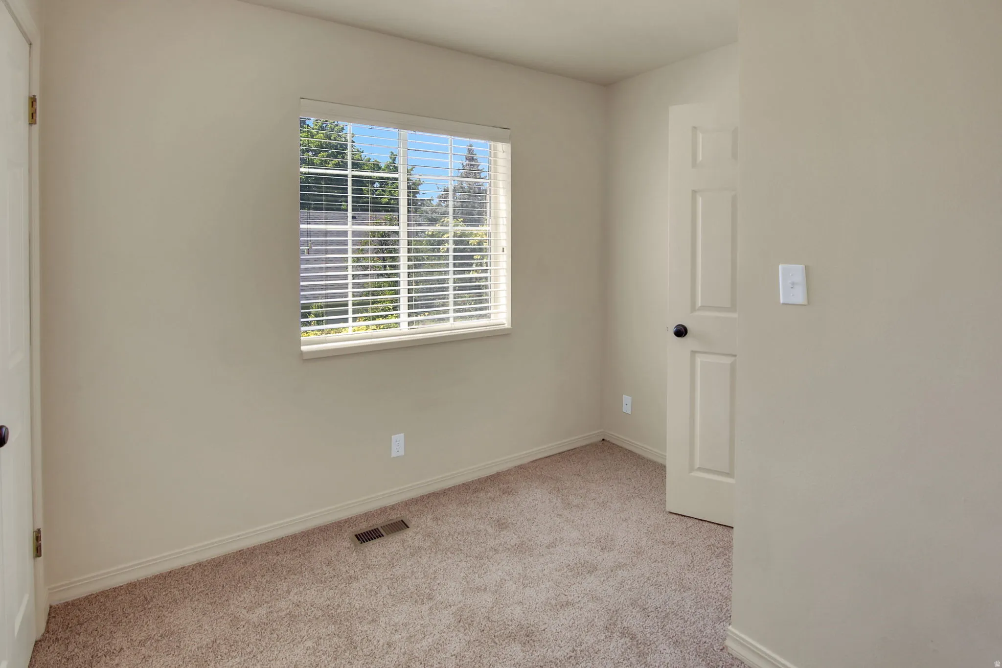 Neutral-toned room with plush carpeting, a window featuring horizontal blinds, and a paneled door with a round black doorknob