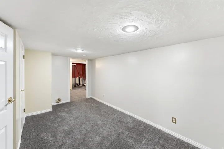 Neutral-toned room featuring new gray carpeting, white walls, and bright overhead lighting