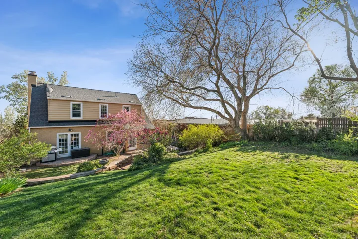 Expansive terraced backyard featuring a sloped lawn and mature trees