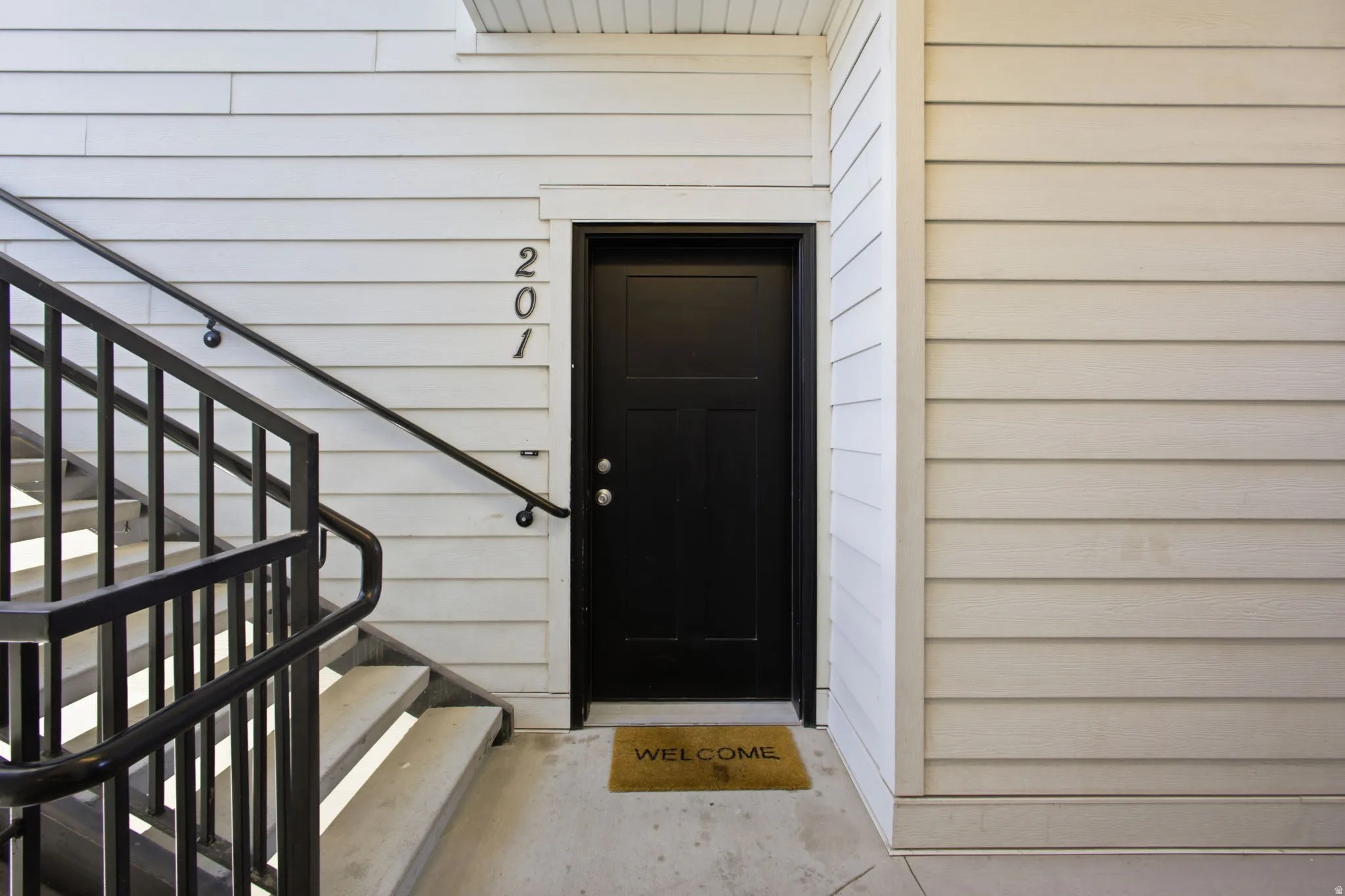 Entry door with a multi-panel design and contemporary hardware