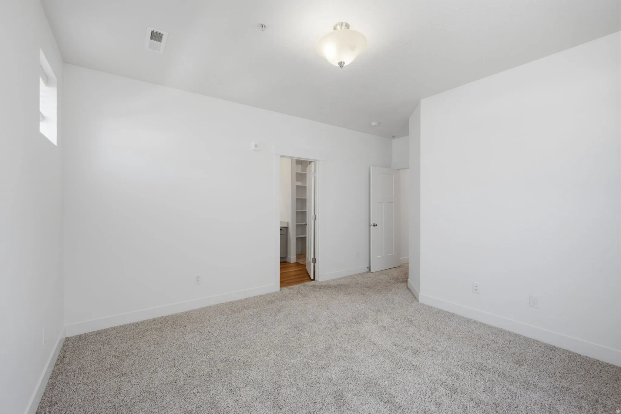 Spacious room with light gray carpeting, neutral wall finishes, a built-in ceiling light fixture, a window with natural light, and a closet with wood-finish flooring and built-in shelving