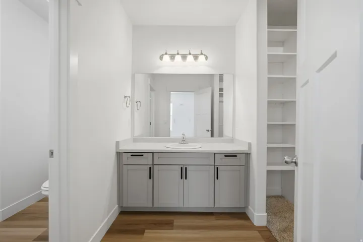Bathroom vanity featuring a single basin, light gray cabinetry, and a light-toned countertop