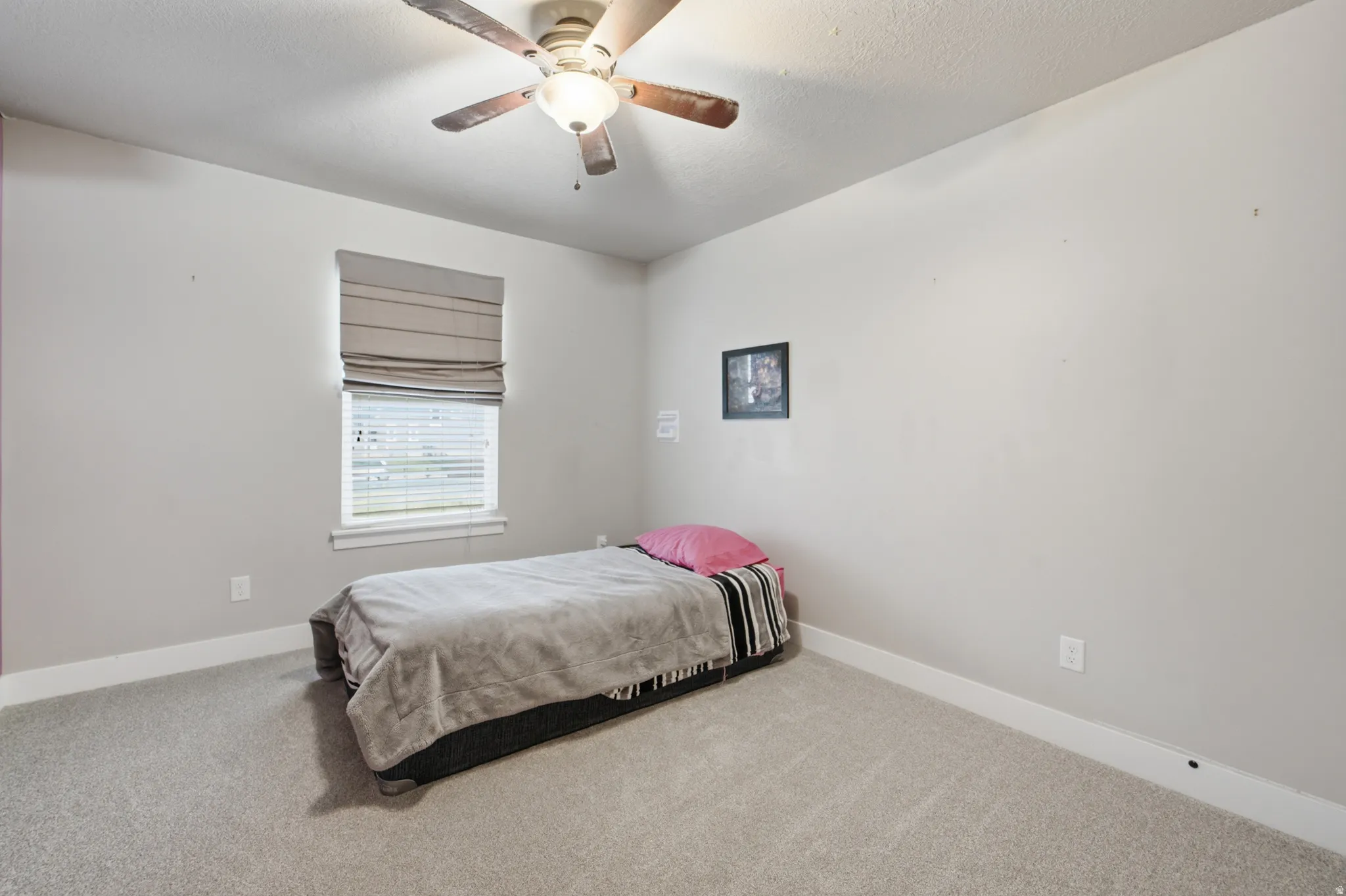 Neutral-toned walls complement the light-colored carpeting