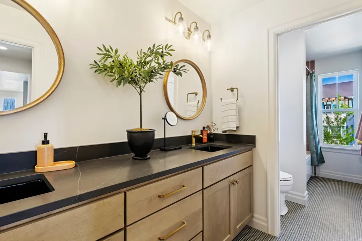 Dual vanity with integrated sinks and dark stone countertops